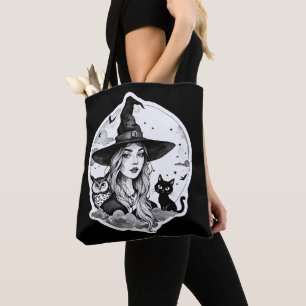 Bolsa Tote Bruxa com um Gato e uma Coruja - Diversão para Fãs