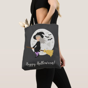 Bolsa Tote Bruxa de Desenho Animado Fofo e Texto Feliz Hallow