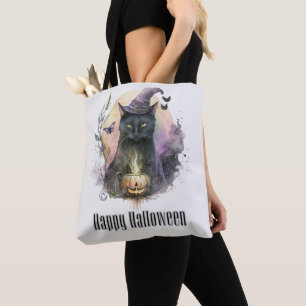 Bolsa Tote Bruxa de Gato Preto Chapéu Lua Cheia Feliz Hallowe