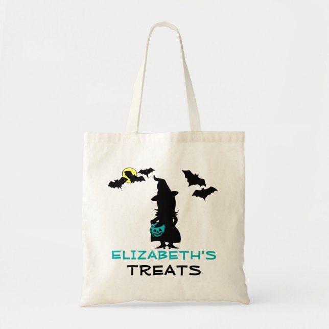 Bolsa Tote Bruxa de Halloween e Abóbora Teal (Frente)