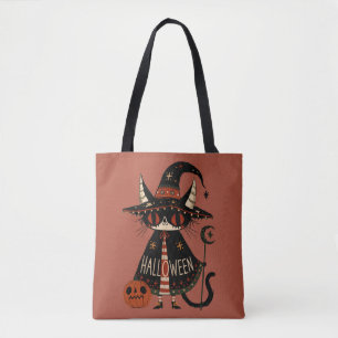 Bolsa Tote Bruxa de Halloween Gato e Abóbora