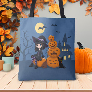 Bolsa Tote Bruxa de Halloween, Gato Negro e Pumpkins