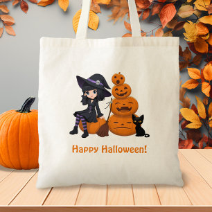 Bolsa Tote Bruxa de Halloween, Gato Preto e Abóboras
