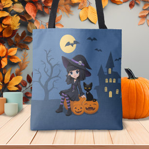 Bolsa Tote Bruxa de Halloween, Gato Preto e Abóboras Curvadas