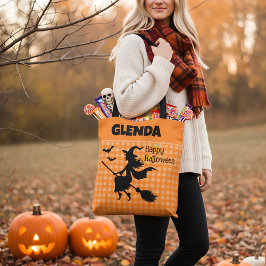 Bolsa Tote Bruxa de Halloween & Morcegos Laranja Xadrez Nome