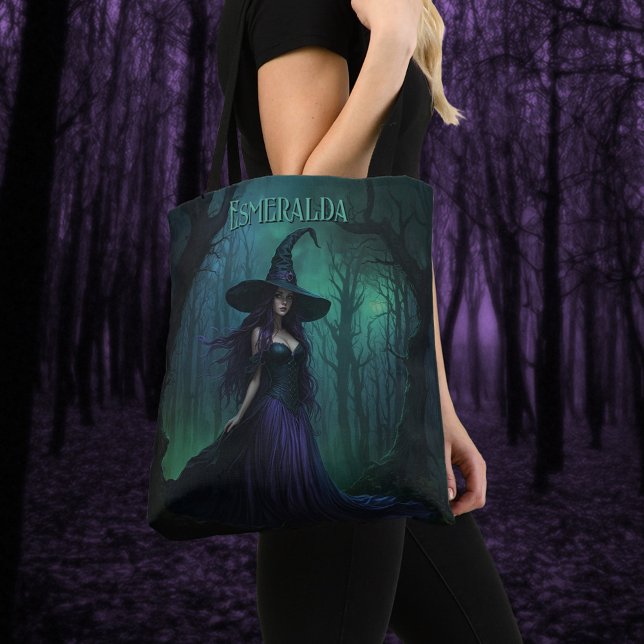 Bolsa Tote Bruxa de Halloween Wicked em Purple and Black Name (Criador carregado)