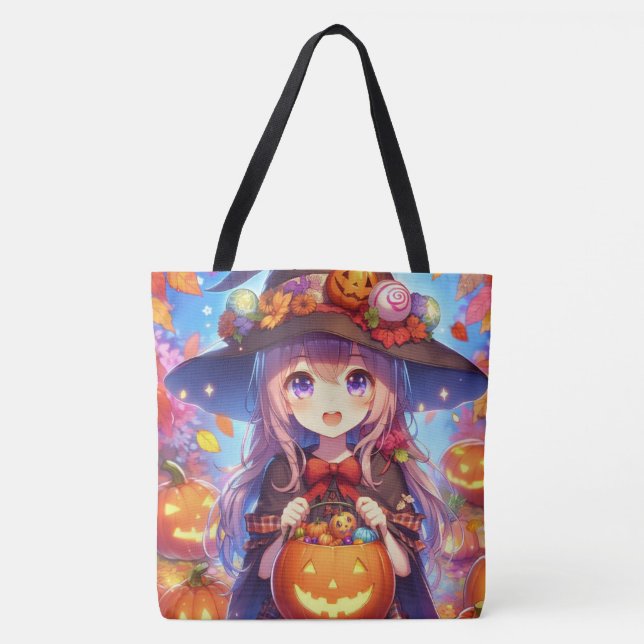 Bolsa Tote Bruxa do Halloween do Anime Bonito (Frente)