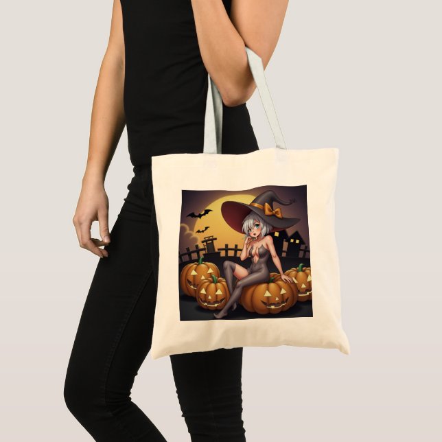 Bolsa Tote Bruxa do Halloween Olho Verde no Jack-O-Lantern (Frente (produto))