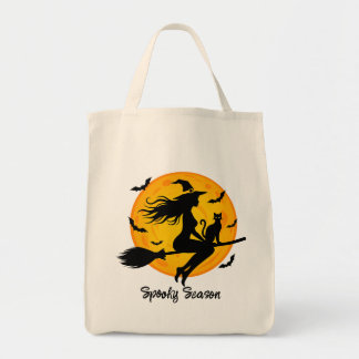 Bolsa Tote Bruxa e Gato Preto Voando Através da Lua Cheia