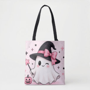 Bolsa Tote Bruxa Fantasma Coquete com Laço Rosa no Halloween