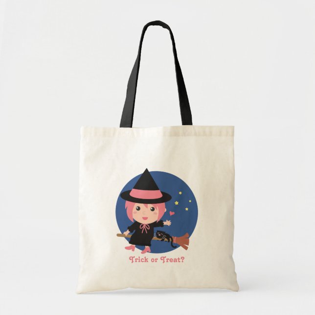 Bolsa Tote Bruxa Fofa e Gato Preto em Vassoira Voadora (Frente)