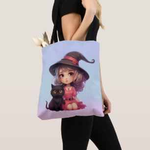 Bolsa Tote Bruxa Fofa e Gato Preto no Halloween Rosa e Azul