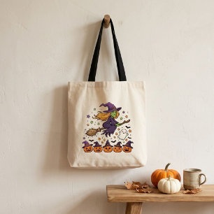 Bolsa Tote Bruxa Fofa Voando em Vassoura Halloween