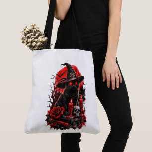 Bolsa Tote Bruxa Gótica Gato Preto Halloween Caveira Vela Des