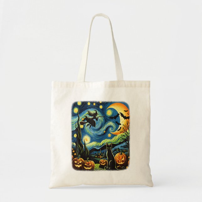 Bolsa Tote Bruxa Halloween Van Gogh Starry Night Black Cat Pu (Frente)