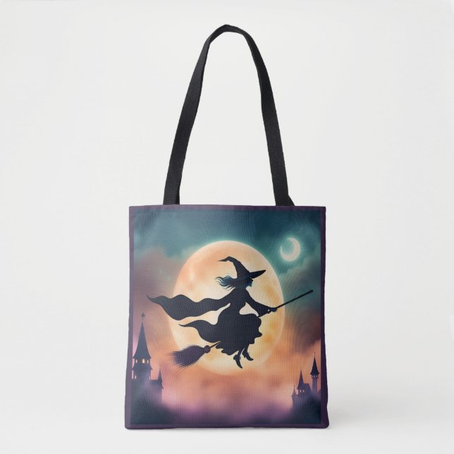 Bolsa Tote Bruxa na vassoura de Halloween  (Frente)