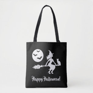 Bolsa Tote Bruxa Num Broom Preto E Branco Feliz Halloween