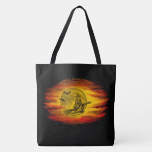 Bolsa Tote bruxa voadora com gato preto, noite de halloween