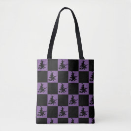 Bolsa Tote Bruxa Voadora Xadrez Preto e Roxo
