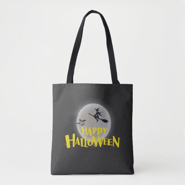 Bolsa Tote Bruxa Voando Sobre Lua Feliz Halloween (Frente)