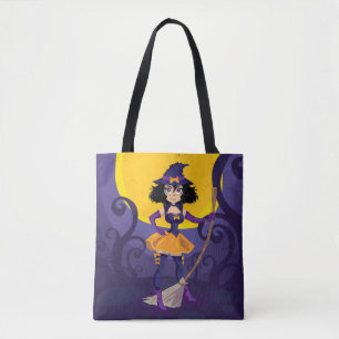 Bolsa Tote Bruxa Whimsical com Broomstick e lua