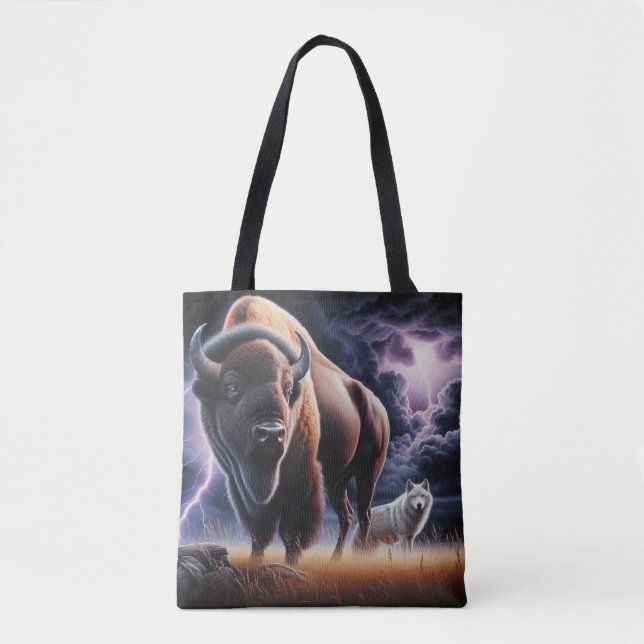Bolsa Tote Búfalo e Lobo em uma Tempestade com Relâmpagos (Frente)