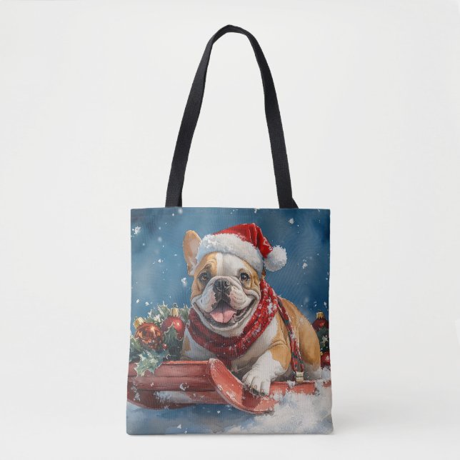 Bolsa Tote Buldogue em Sledge Deixe-o nevar Natal (Frente)