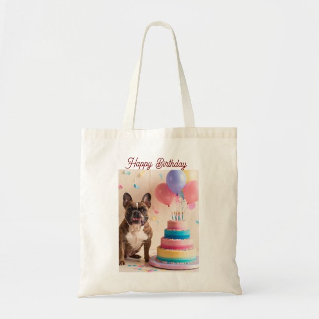 Bolsa Tote Buldogue francês com bolo de aniversário (Frente)
