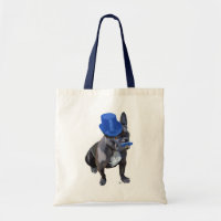 Buldogue francês com chapéu azul e bigode
