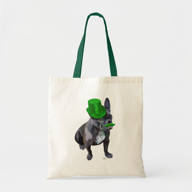 Bolsa Tote Buldogue francês com chapéu verde e bigode (Frente)