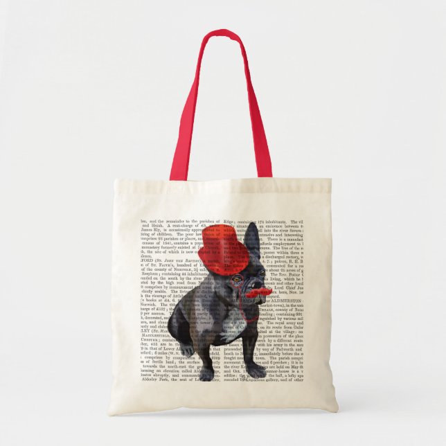 Bolsa Tote Buldogue Francês com Chapéu Vermelho e bigode (Frente)