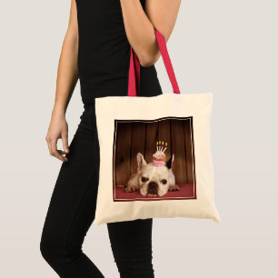 Bolsa Tote Buldogue francês com cupcake do aniversário