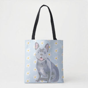 Bolsa Tote Buldogue francês de cinza azul com margaridas