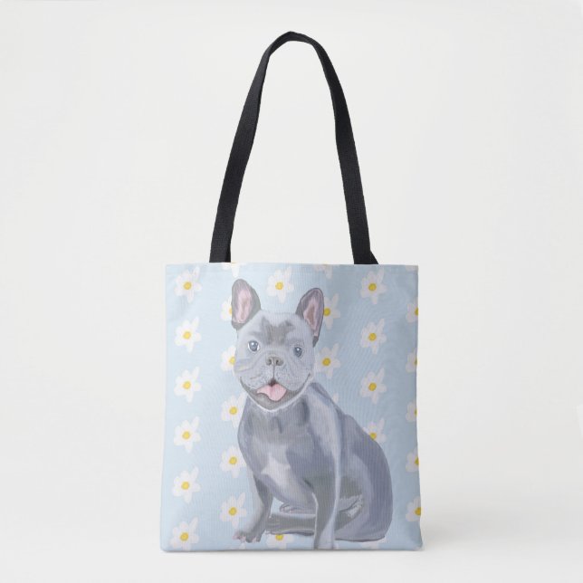 Bolsa Tote Buldogue francês de cinza azul com margaridas (Frente)