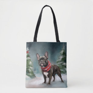 Bolsa Tote Buldogue francês no Natal da neve