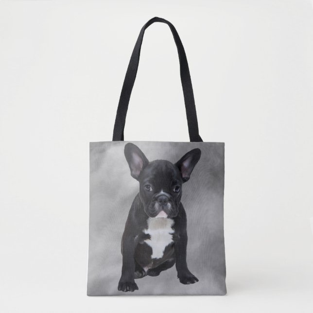 Bolsa Tote Buldogue Francês Sentado Aquarela Pintura Óleo (Frente)
