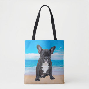 Bolsa Tote Buldogue Francês Sentado Em Praia