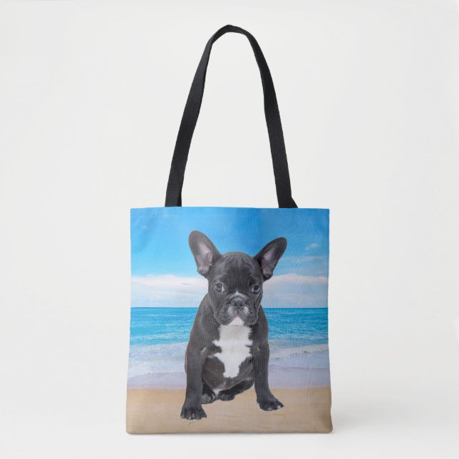 Bolsa Tote Buldogue Francês Sentado Em Praia (Frente)