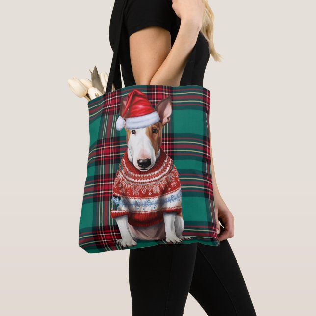 Bolsa Tote Bull Terrier Christmas Dog Green Seasonal Plaid (Close Up)