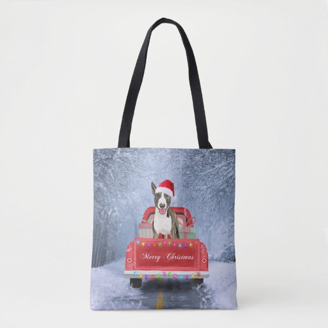 Bolsa Tote Bull Terrier Dog em neve sentada no Natal (Frente)
