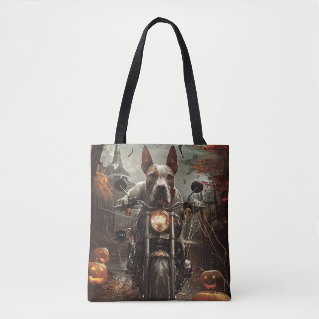 Bolsa Tote Bull Terrier Riding Motorcycle Halloween Scareen (Frente)