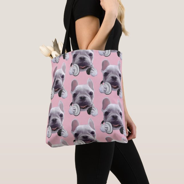 Bolsa Tote Bulldog Francês com Ilustração de Fones de ouvido (Close Up)