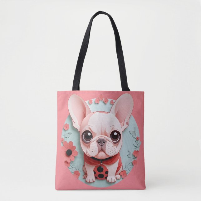 Bolsa Tote Bulldog Francês Flores De Papel Cortando Arte (Frente)