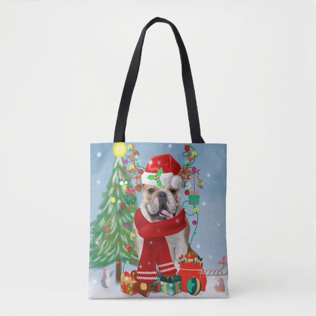 Bolsa Tote Bulldog Inglês em Neve com Presentes de Natal (Frente)
