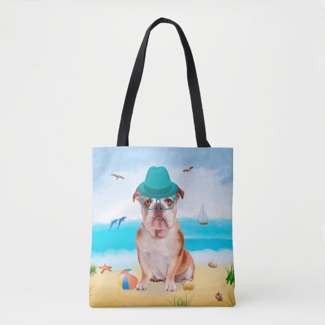 Bolsa Tote Bulldog Inglês na Praia (Frente)