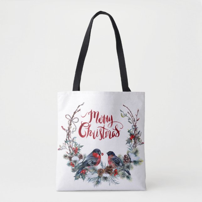 Bolsa Tote Bullfinches Wreath - Feliz Natal (Frente)