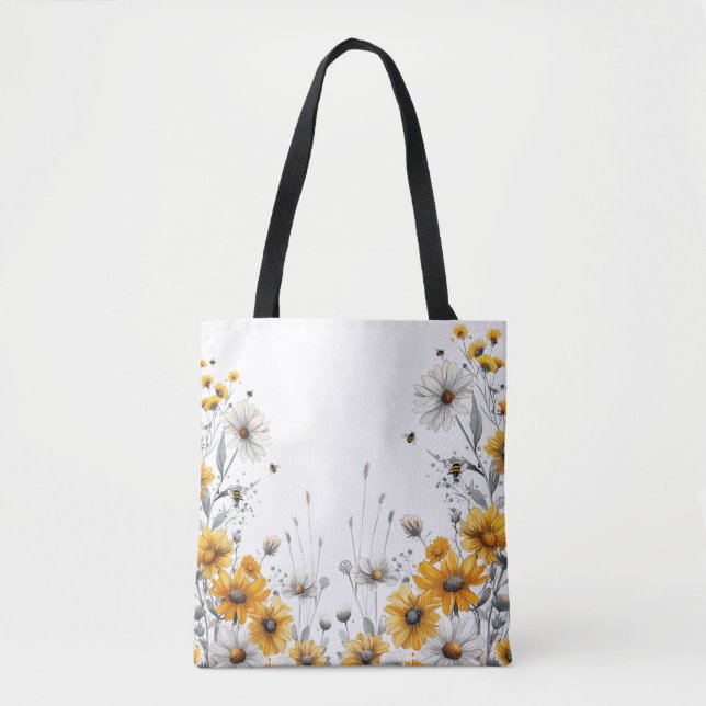 Bolsa Tote Bumble Bees e Daisies Passo-a-Passo Amarelo (Frente)
