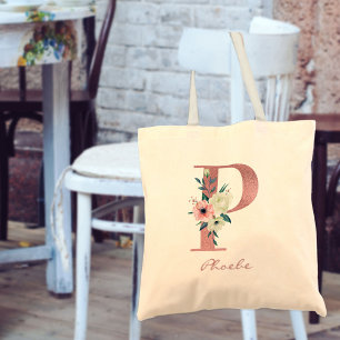 Bolsa Tote Buquê de água-forte rosa e marfim com letra floral