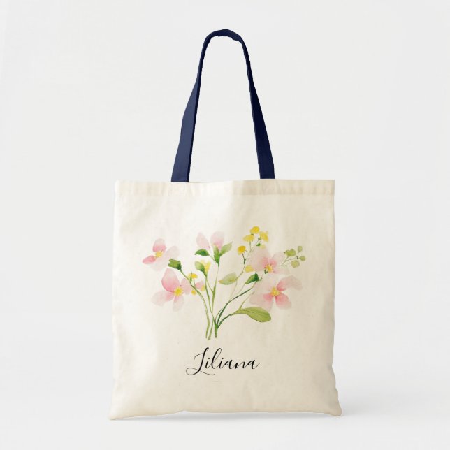 Bolsa Tote Buquê de Flores Amarelas Rosadas de Primavera em A (Frente)