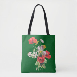 Bolsa Tote Buquê de Flores, Fundo Verde Caçador,